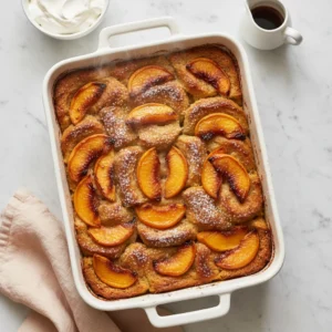 oven baked french toast with peaches featured