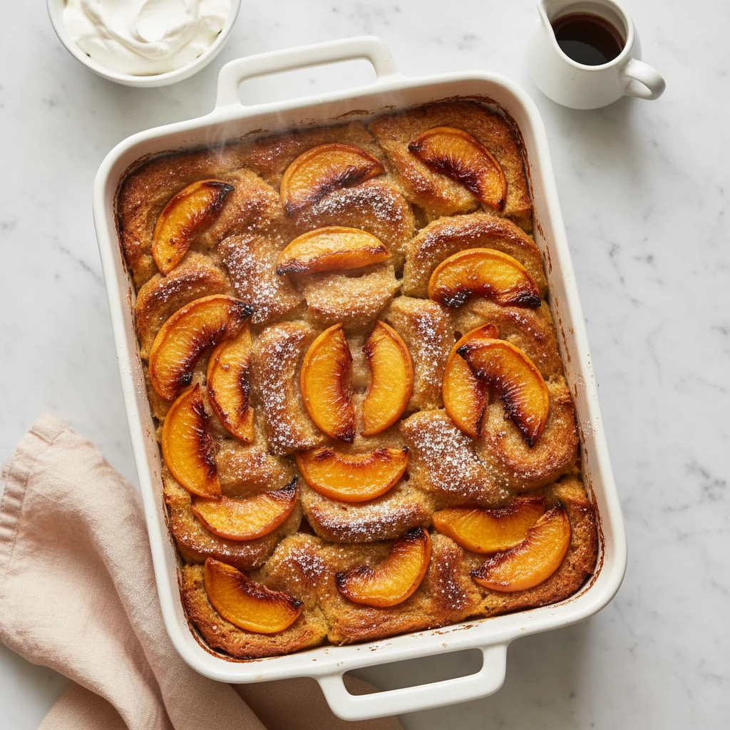 oven baked french toast with peaches featured