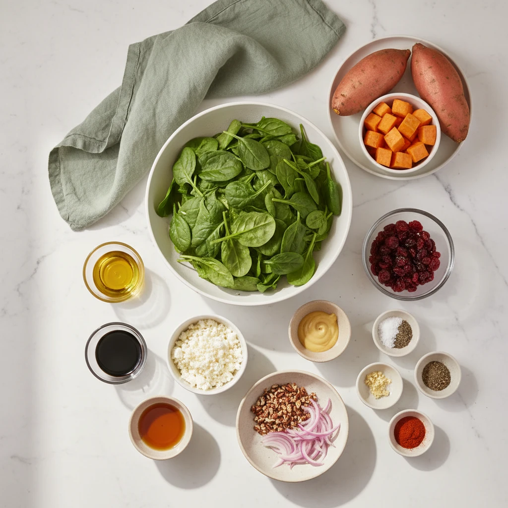 Roasted Sweet Potato and Spinach Salad ingredients