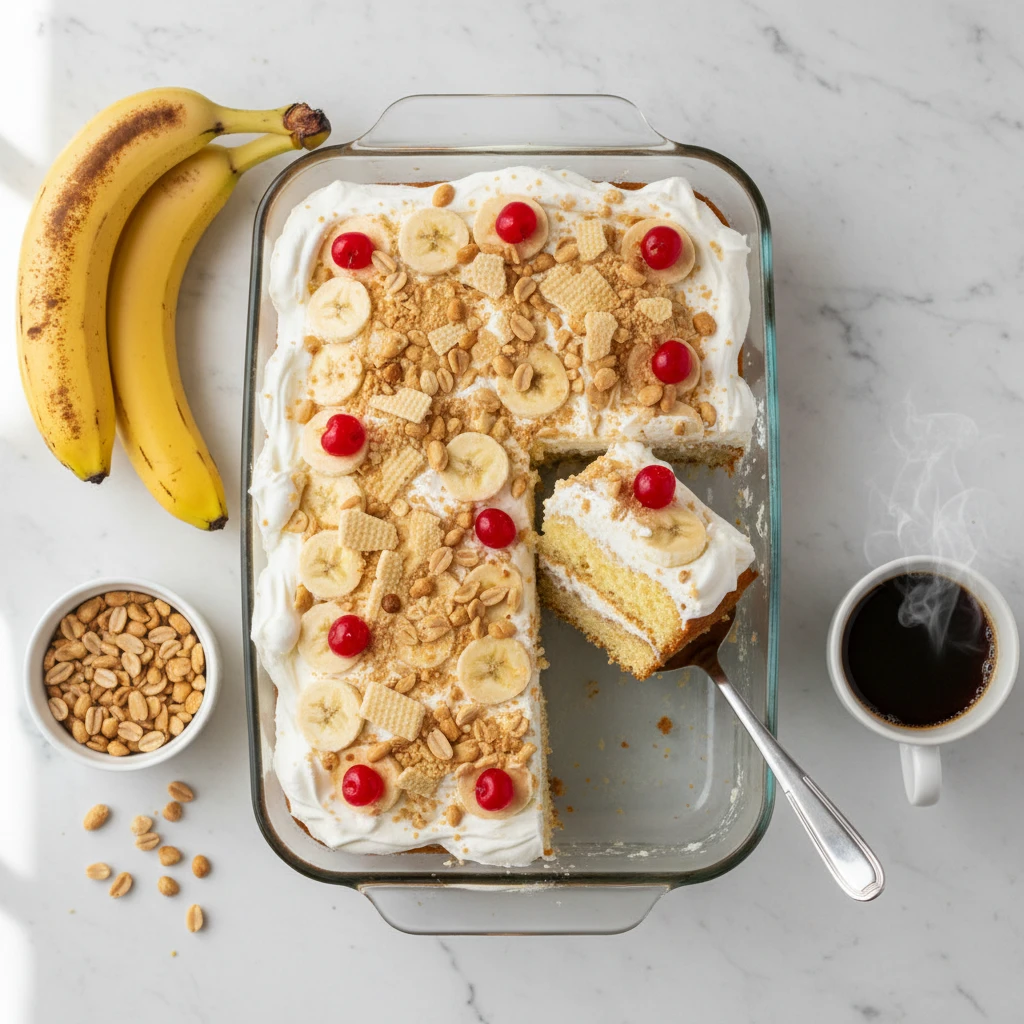 Banana Pudding Poke Cake serving suggestion