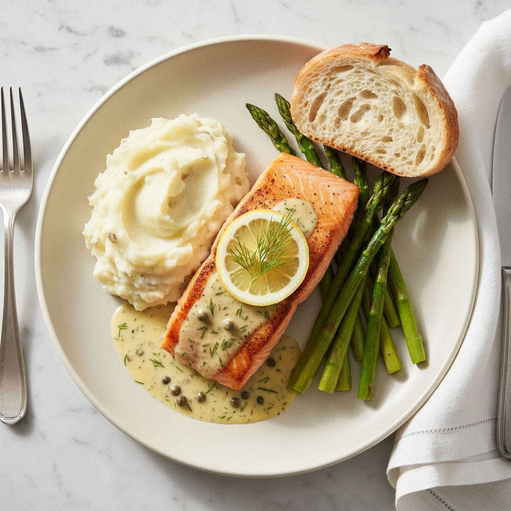 Creamy Dill and Lemon Sauce for Salmon serving suggestion