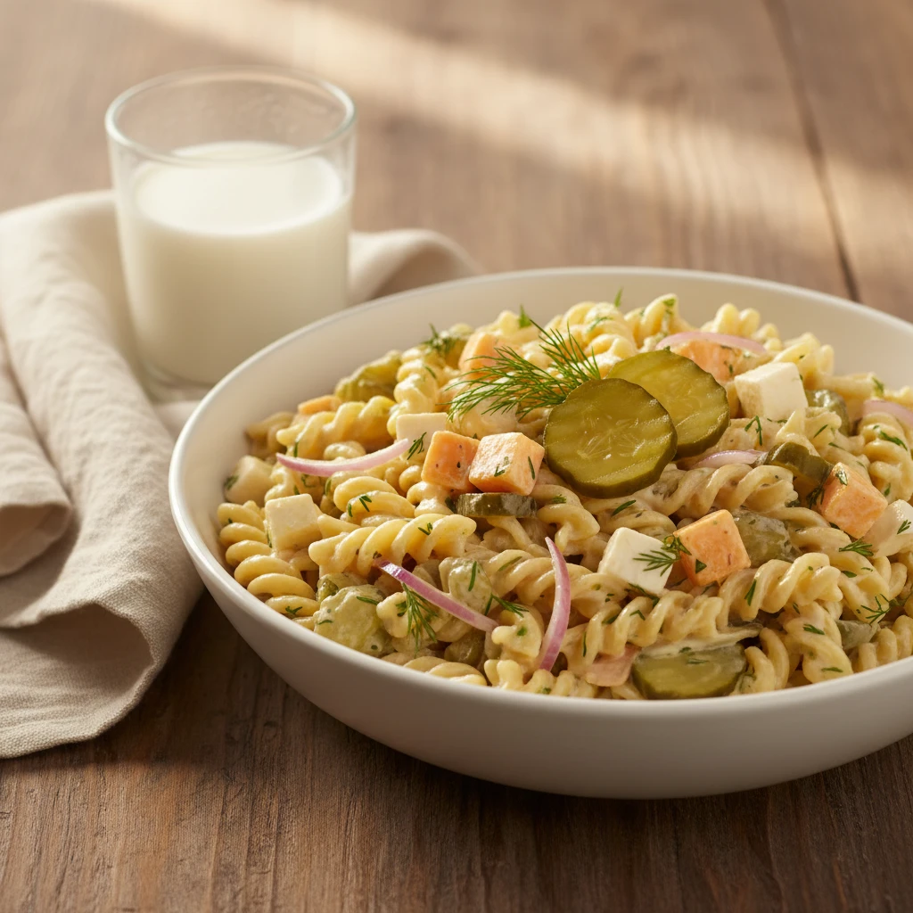 Dill Pickle Pasta Salad serving suggestion