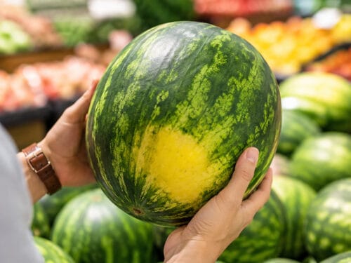 Person choosing a ripe watermelon at the grocery store using simple watermelon picking tips