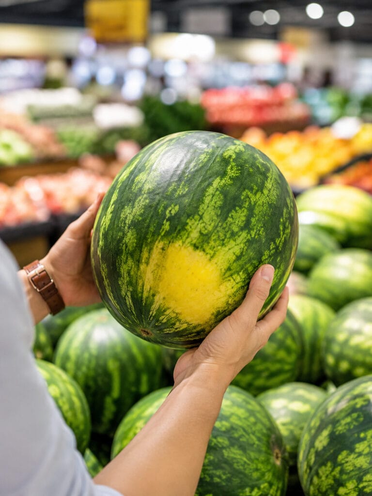 How to Pick a Perfect Watermelon Every Time (6 Foolproof Tips) 1 Person choosing a ripe watermelon at the grocery store using simple watermelon picking tips