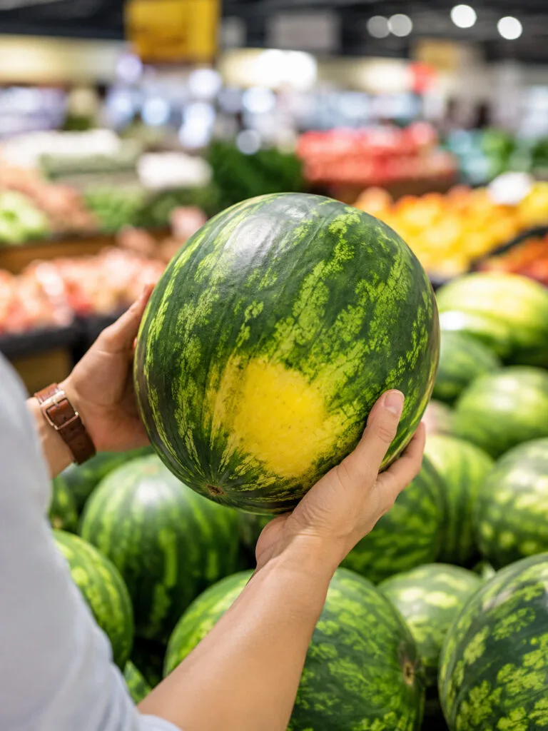 Person choosing a ripe watermelon at the grocery store using simple watermelon picking tips
