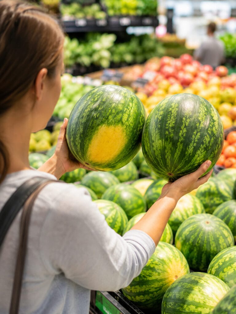 Comparing two watermelons by weight to choose the sweetest and juiciest watermelon
