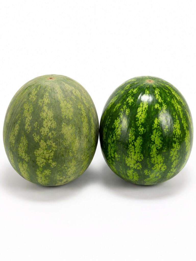 Dull watermelon rind versus shiny rind showing how to tell if a watermelon is ripe