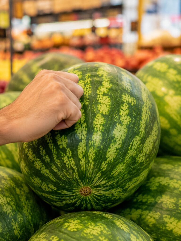 Person tapping a watermelon to check for a deep hollow sound before buying