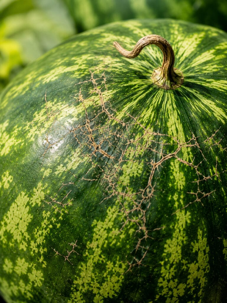 Brown sugar webbing and a dry stem on a ripe watermelon showing signs of sweetness